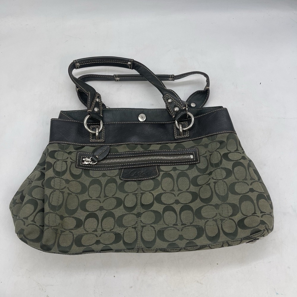Coach Monogram Bag Dark Green Fabric Handbag with Leather Trim and Handles